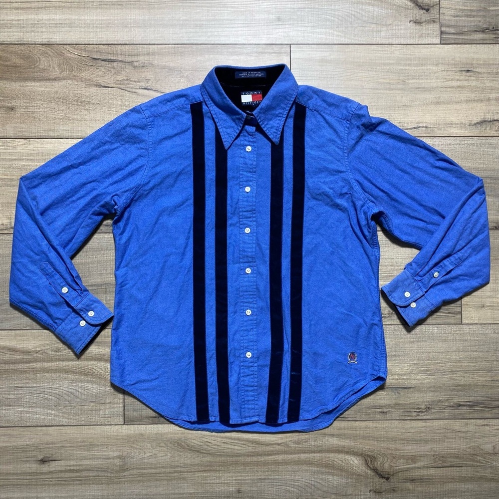 Tommy Hilfiger Womens Vintage Blue Oxford With Velvet Accent Button Up Size‎ 10